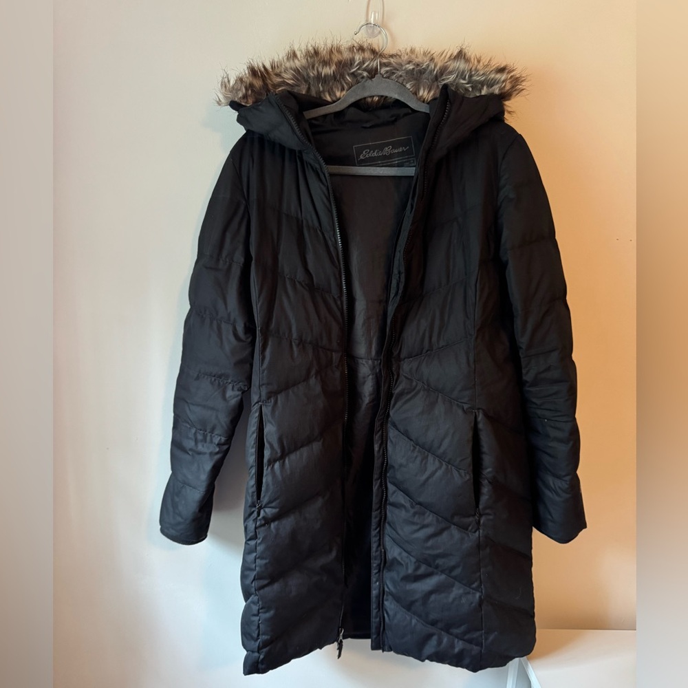 Eddie Bauer Quilted Winter Down Jacket with Removable Faux Fur Trim
